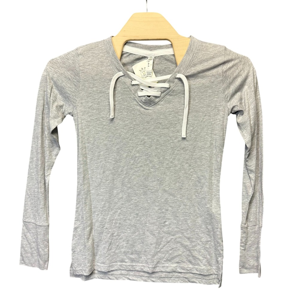 LAT Apparel Womens Gray Lace Up V-Neck Long Sleeve T-Shirt Size M Heather Gray